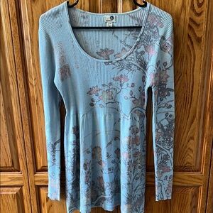 Floral Long Sleeve tunic sweater- muted Blue and Pink